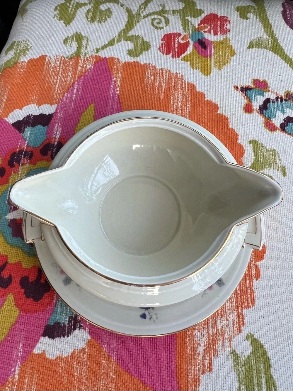 Vintage MECO Czechoslovakia Porcelain Gravy Boat Underplate Floral Gold Trim